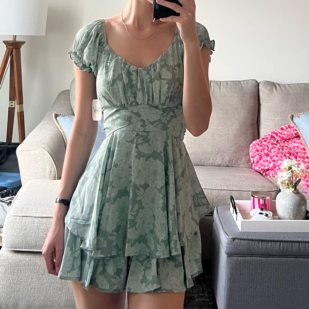 Altar'd State Dusty Sage Floral Tiered Mini Dress